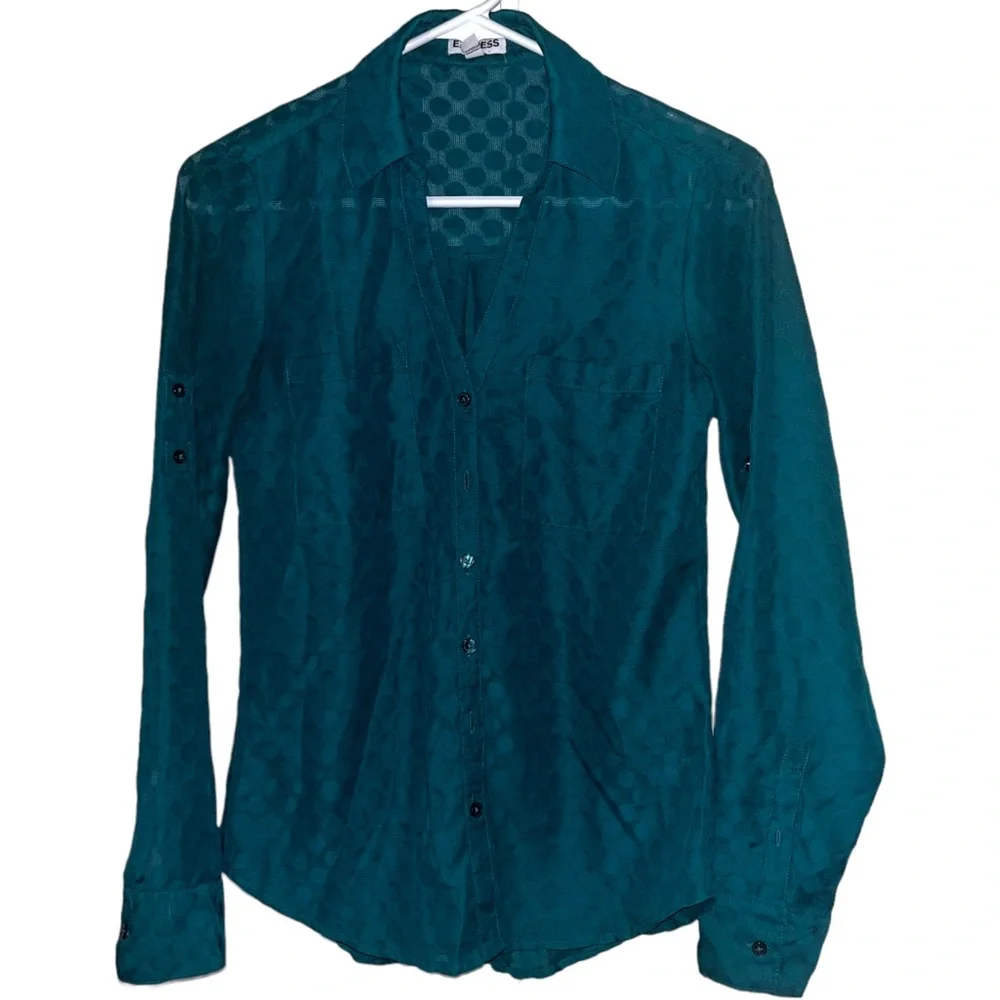 Express Portofino Button Down Polka Dot Green Sheer Collared V Neck Blouse Shirt - Picture 2 of 6